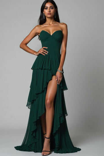 Dark Green Strapless Tiered Prom Dress with Slit